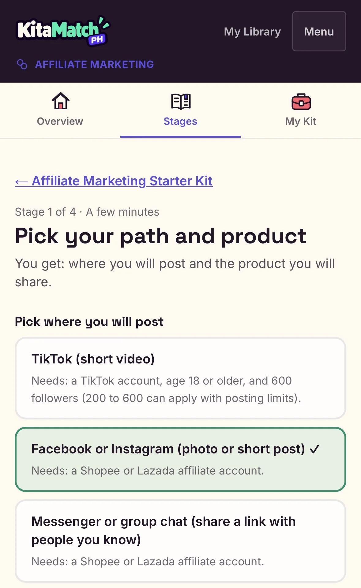 Stage 1 of the Affiliate Marketing Starter Kit, Pick your path and product, with Facebook or Instagram selected as the place to post.