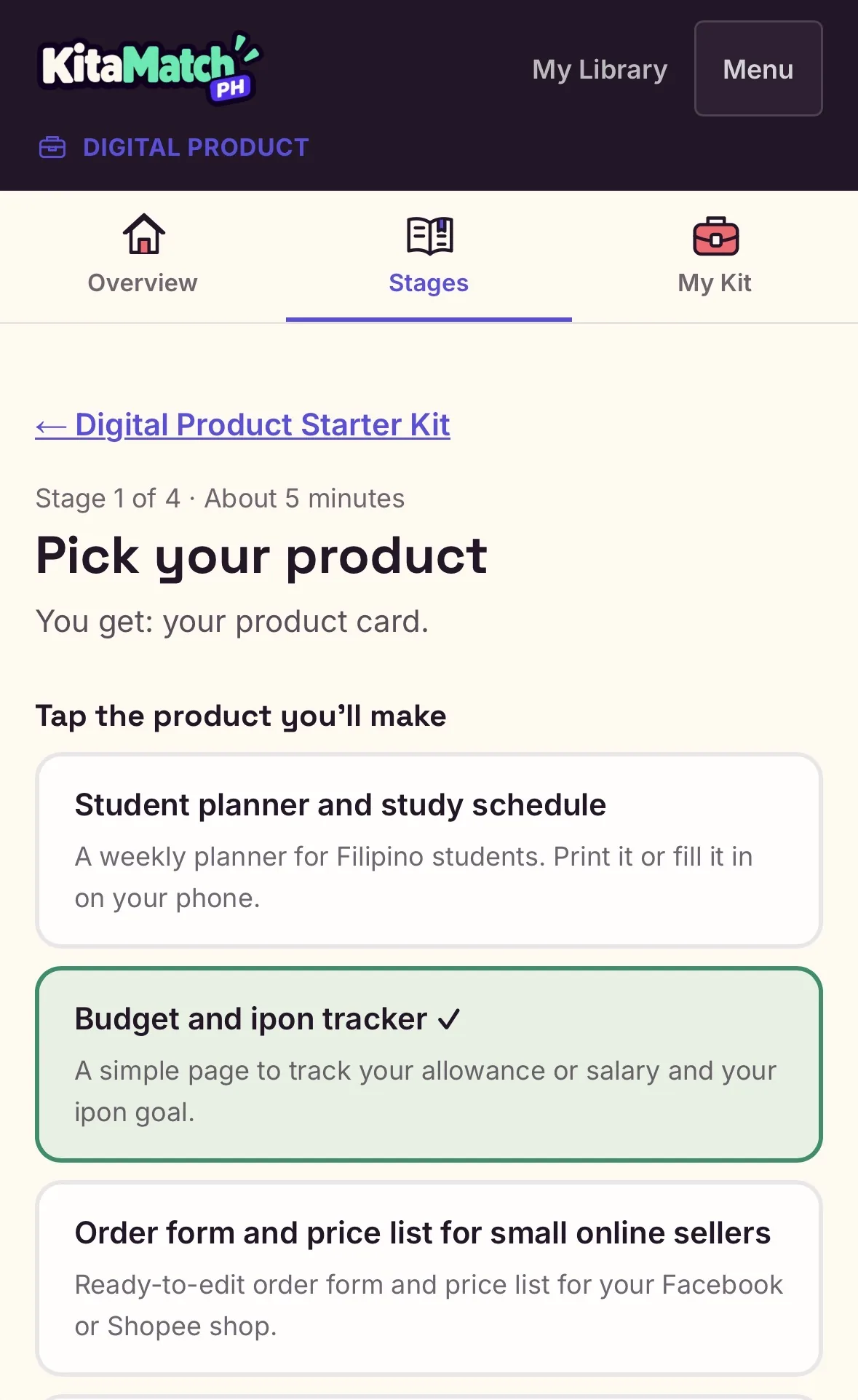 Stage 1 of the Digital Product Starter Kit, Pick your product, with Budget and ipon tracker selected from the list of products.
