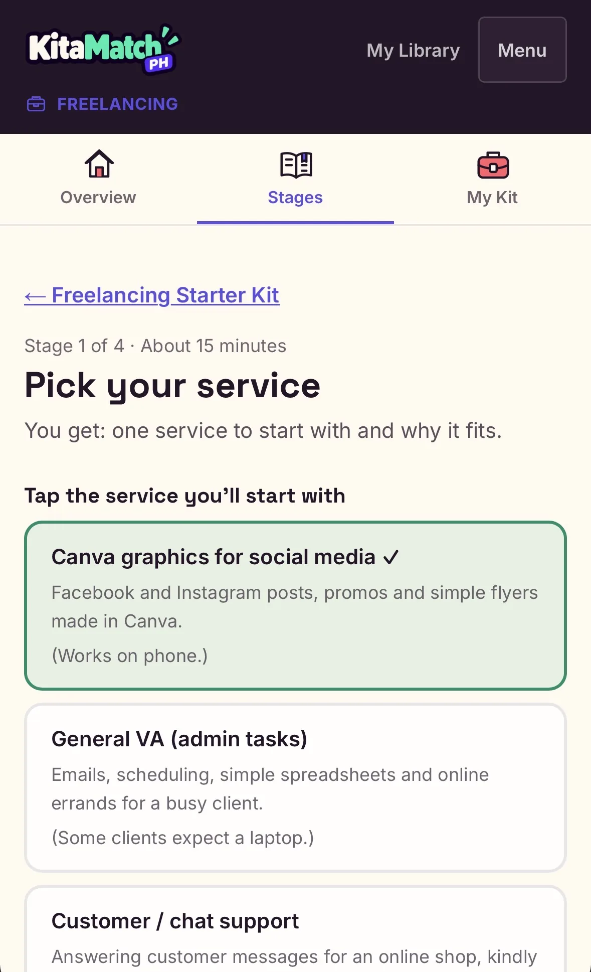 Stage 1 of the Freelancing Starter Kit, Pick your service, with Canva graphics for social media selected from the list of services.