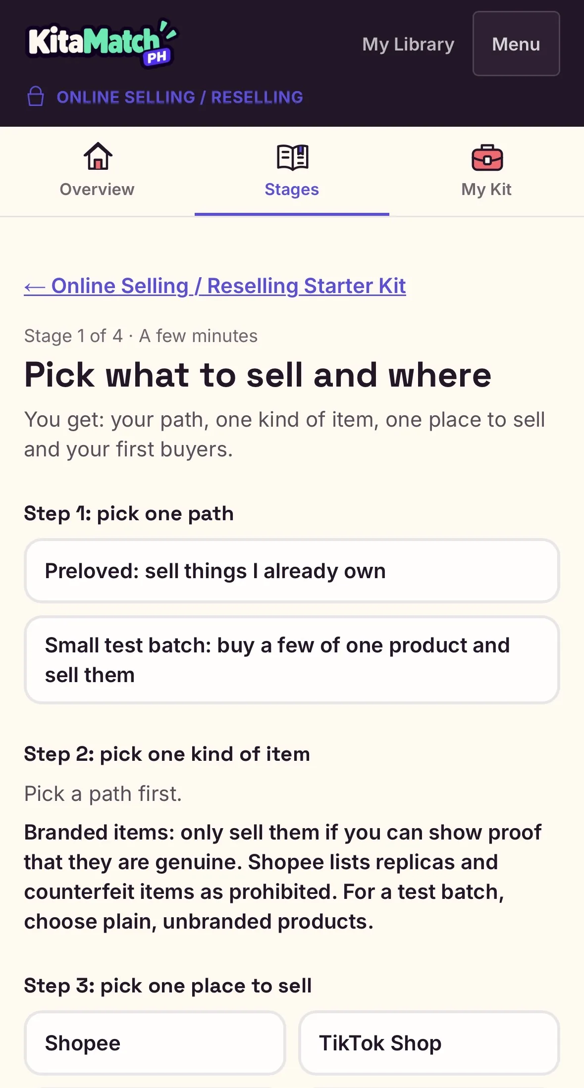 Stage 1 of the Online Selling / Reselling Starter Kit, Pick what to sell and where, showing the path, item and place to sell steps.